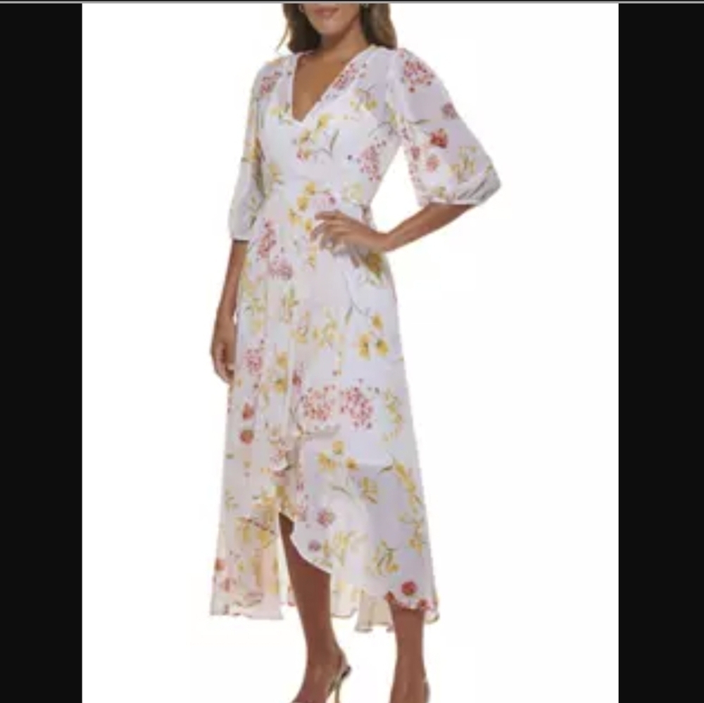 Calvin Klein White Floral Wrap Midi Dress